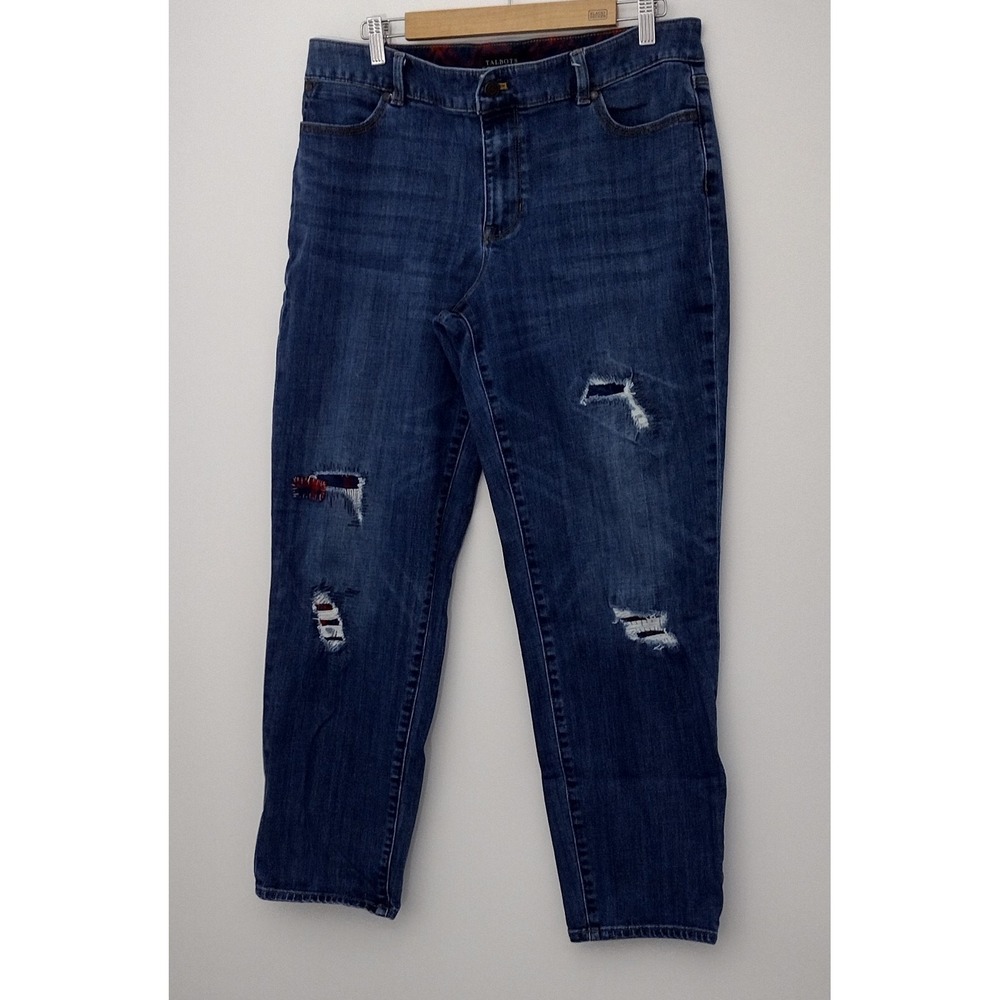 Talbots Jeans Women's Size 14 Boyfriend Flannel Plaid Patches Pockets Pre-owned